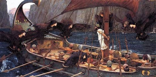 Het schip van Odysseus, belaagd door sirenen.