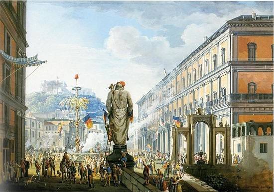 De uitroeping van de Parthenopeïsche Republiek in januari 1799. Het oranje gebouw rechts is het koninklijke paleis van Napels.