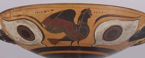 Afbeelding van een sirene met het lichaam van een vogel op een kylix (Griekse drinkschaal) uit de zesde eeuw v.Chr. 