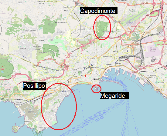 Plattegrond van Napels, met de ligging van Capodimonte en Possiliipo extra duidelijk gemaakt.