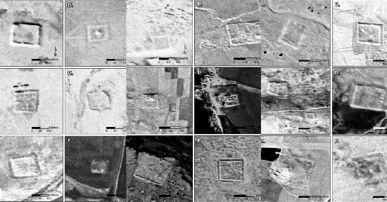 Achttien satellietfoto’s van ruïnes van Romeinse forten in Irak en Syrië.