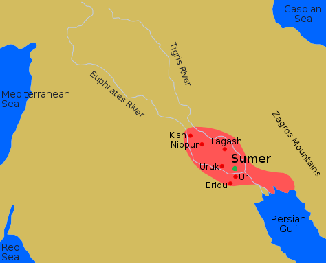 Kaart van de Soemerische beschaving (4.000-3.000 v.Chr.) met enkele belangrijke steden. De groene stip toont ongeveer de ligging van Girsu. 
