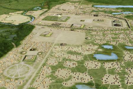 Een reconstructie van de Cahokia Mounds. De cirkelvormige constructie linksonder is de zogeheten Woodhenge.