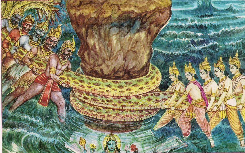 De demonen (links) en deva's (rechts) draaiden volgens het verhaal de berg rond d.m.v. de slang Vasuki